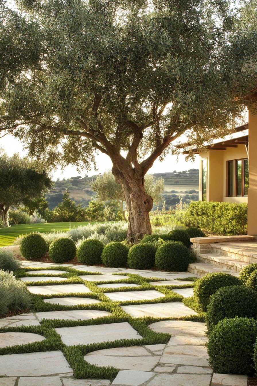 mediterranean landscaping with an old olive tree in the center stone tiles with grass geometric round shrubs bordering the yard