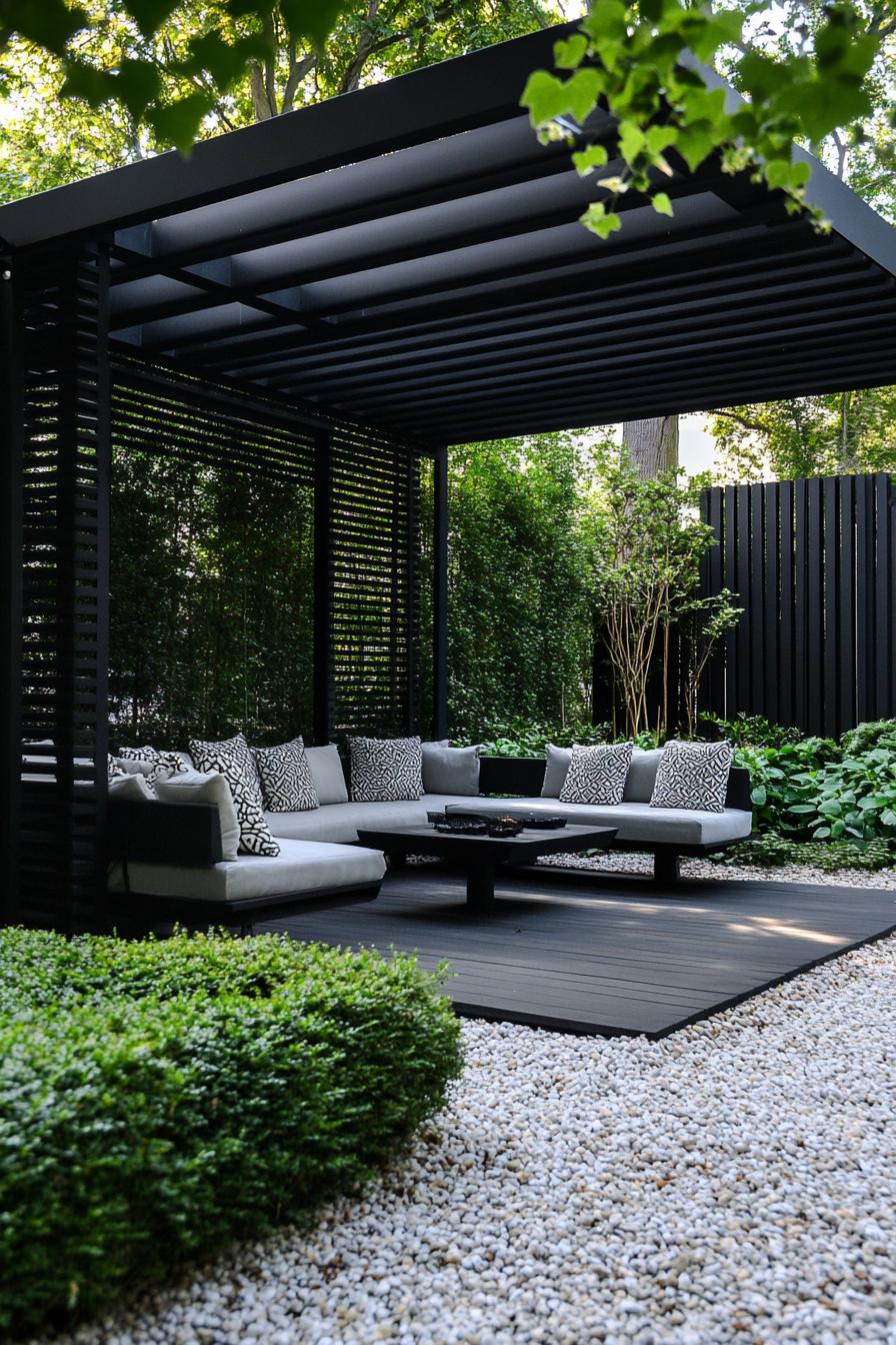 modern patio with gravel modern pergola modern outdoor furniture with pillows shrub garden