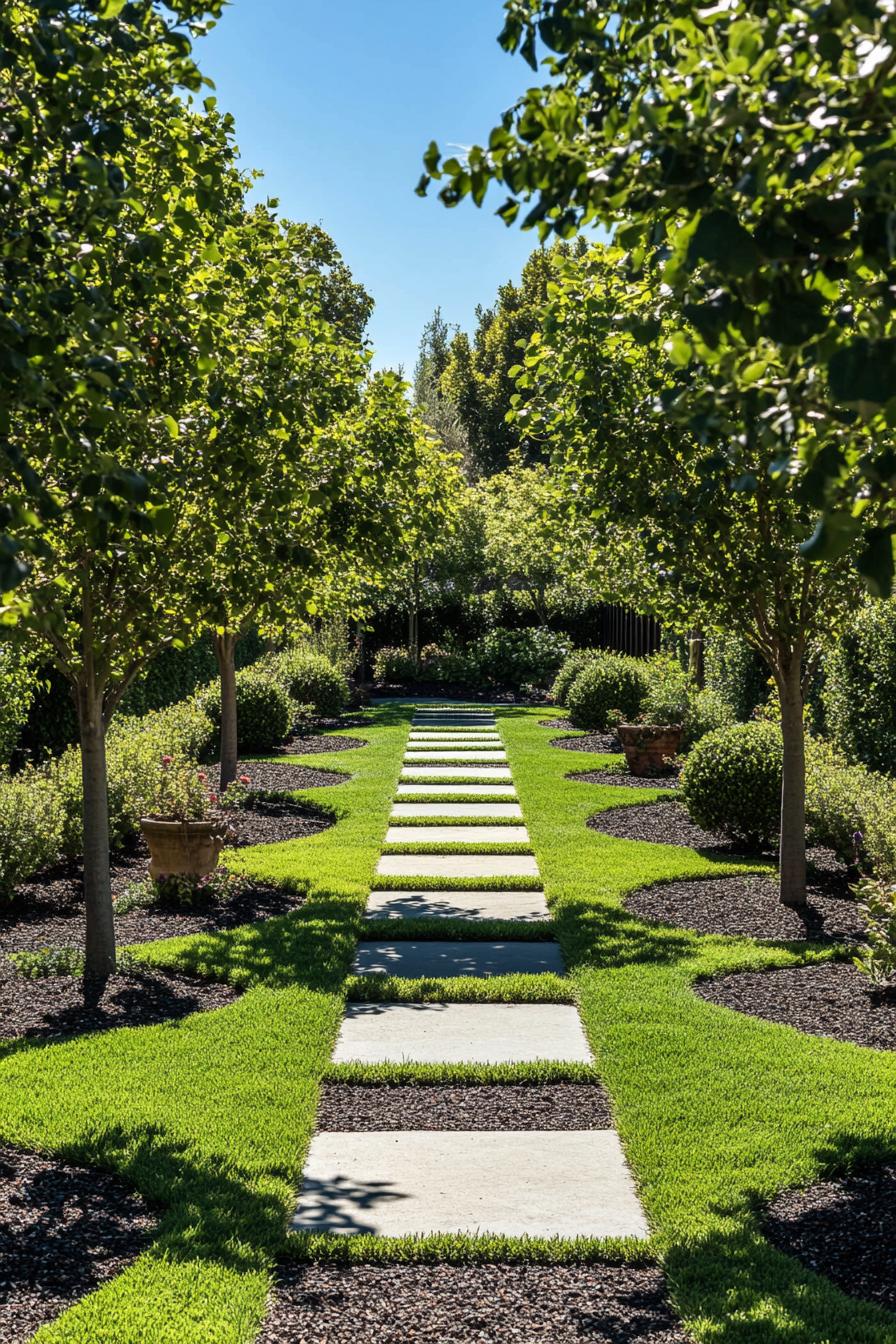 orchard garden with green lawn geometric paved paths trees lined in mulch circles shrub fence 1