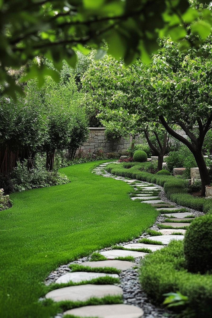 orchard garden with green lawn geometric paved paths trees lined in mulch circles shrub fence 2