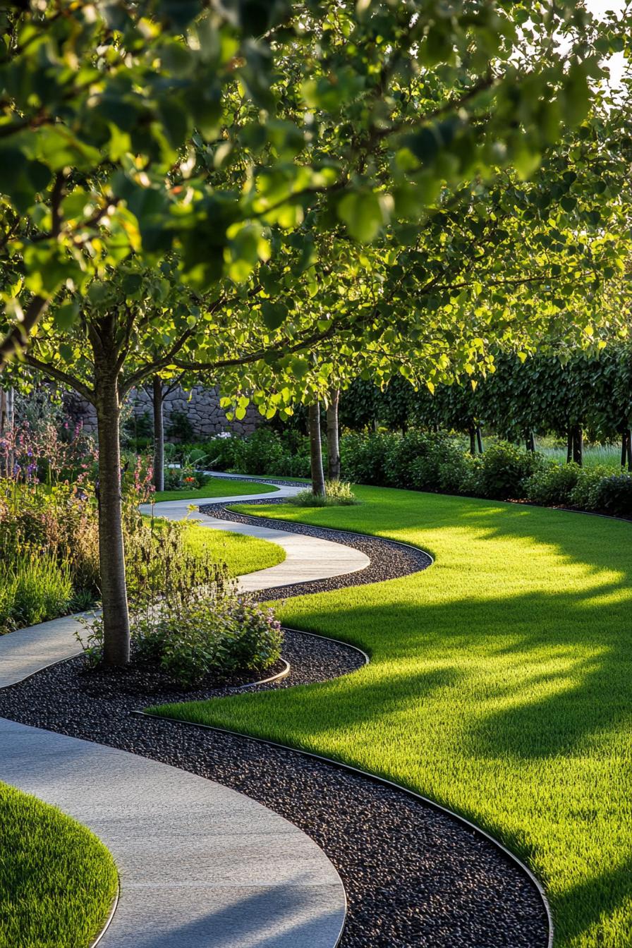 orchard garden with green lawn geometric paved paths trees lined in mulch circles shrub fence