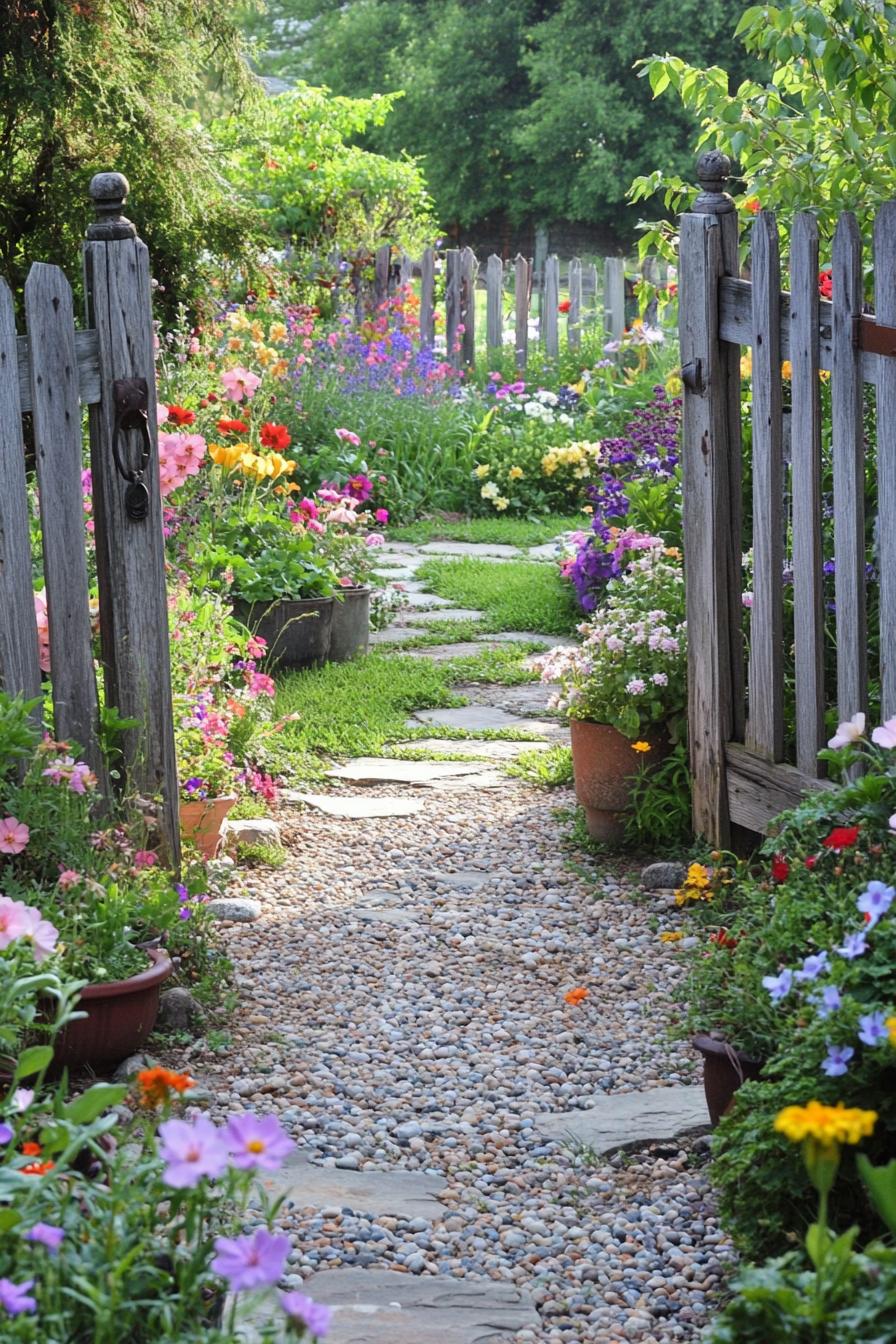 small country garden with pebble path potted flowers native wildflowers new cedar wood picket fence and a gate opening to a larger garden 1