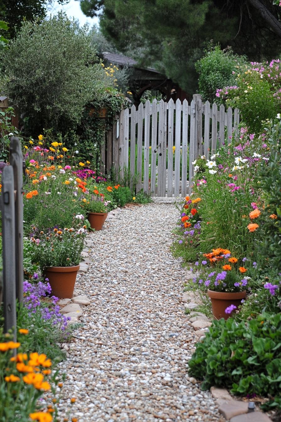 small country garden with pebble path potted flowers native wildflowers new cedar wood picket fence and a gate opening to a larger garden