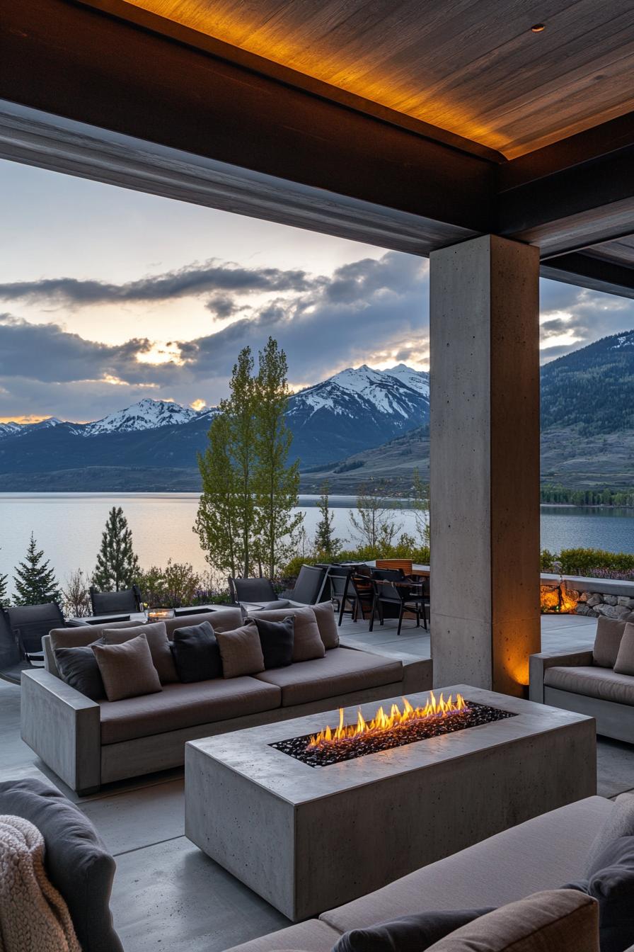 view from modern porch concrete columns sectional furniture concrete table with gas firepit overlooking stunning lake and snow capped mountains in 1