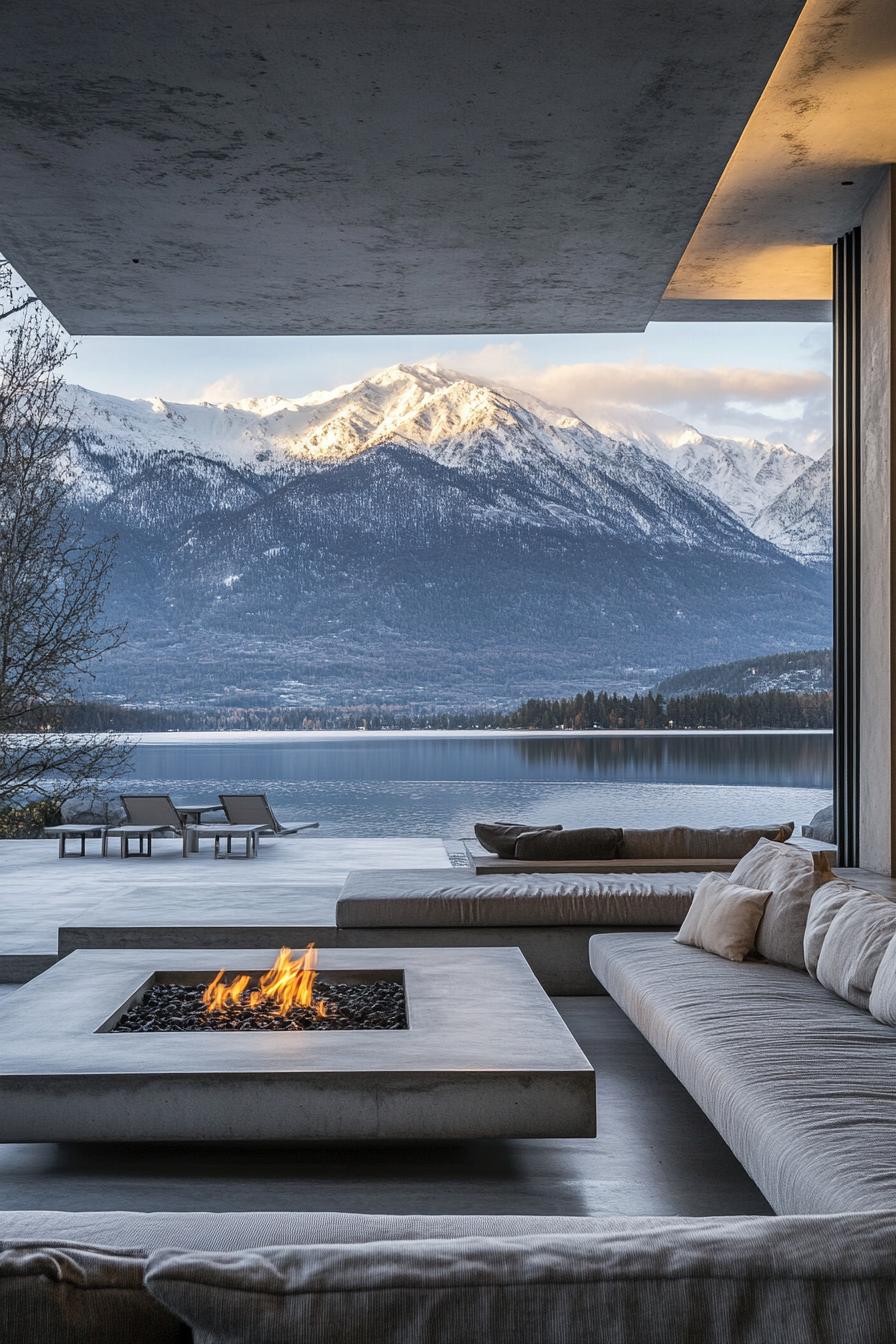 view from modern porch concrete columns sectional furniture concrete table with gas firepit overlooking stunning lake and snow capped mountains in 2