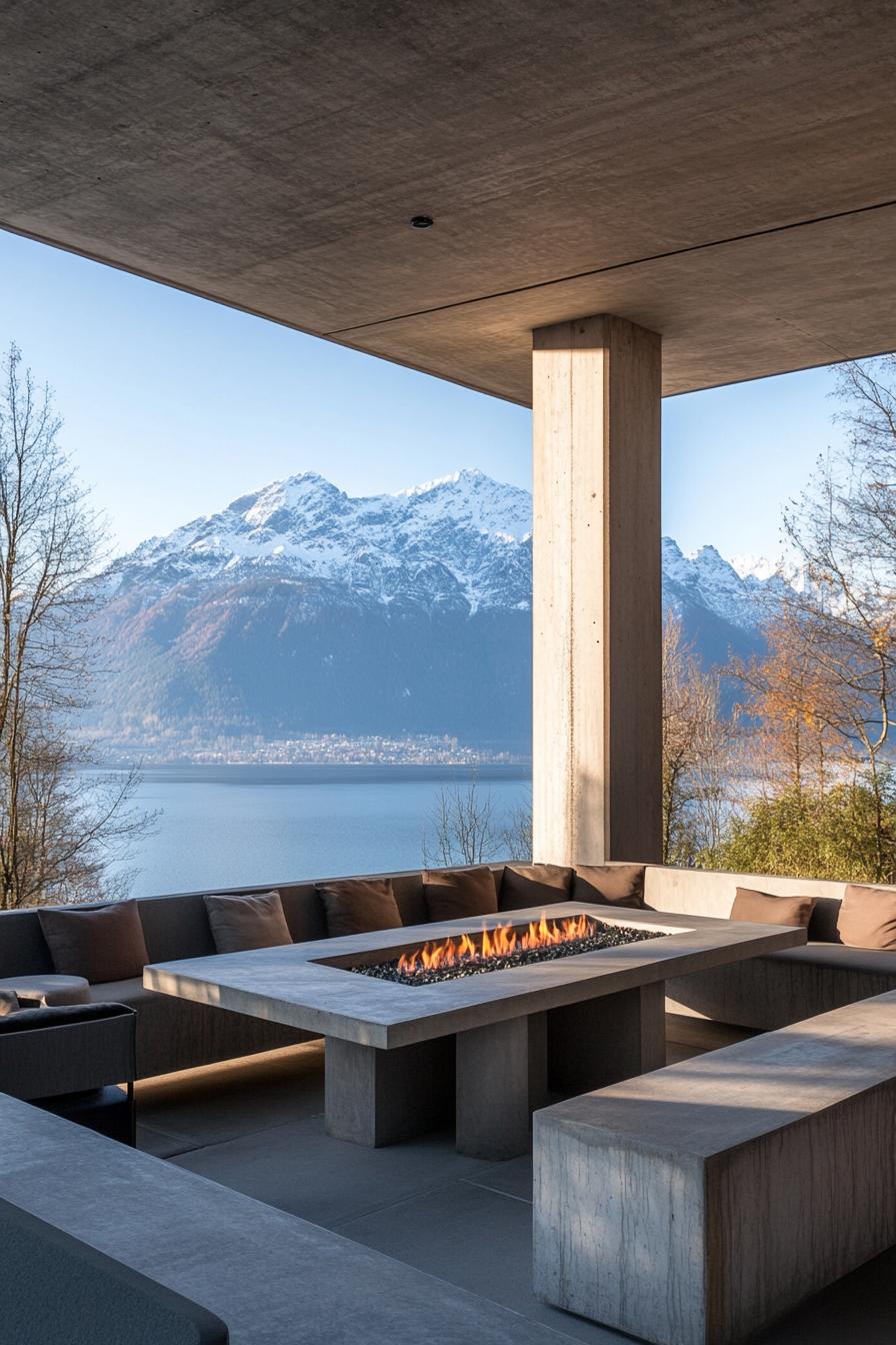 view from modern porch concrete columns sectional furniture concrete table with gas firepit overlooking stunning lake and snow capped mountains in 3