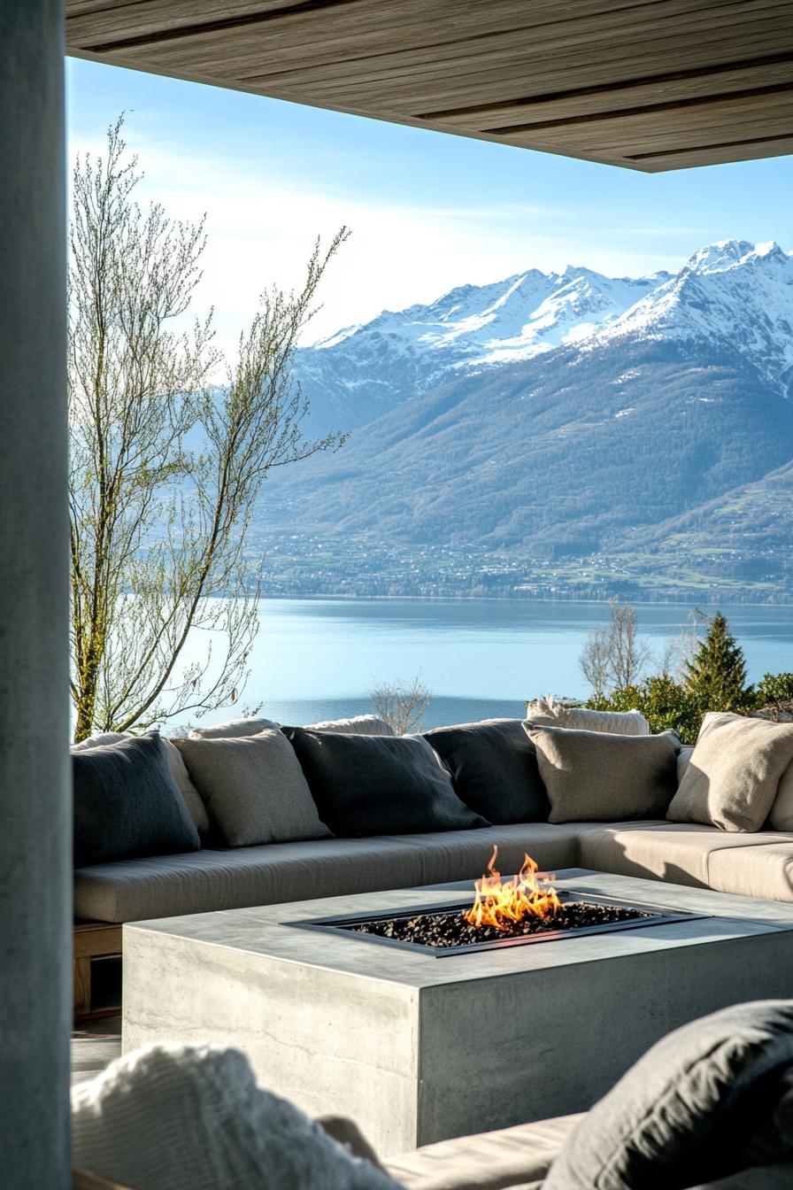 view from modern porch concrete columns sectional furniture concrete table with gas firepit overlooking stunning lake and snow capped mountains in