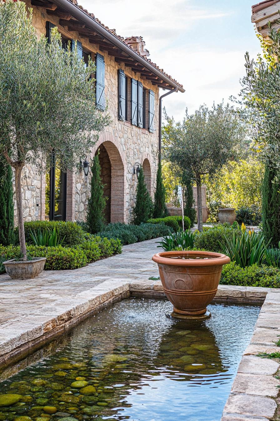 Tuscan home yard garden with stone paved pond with clay pot fountain feature shrubs olive trees