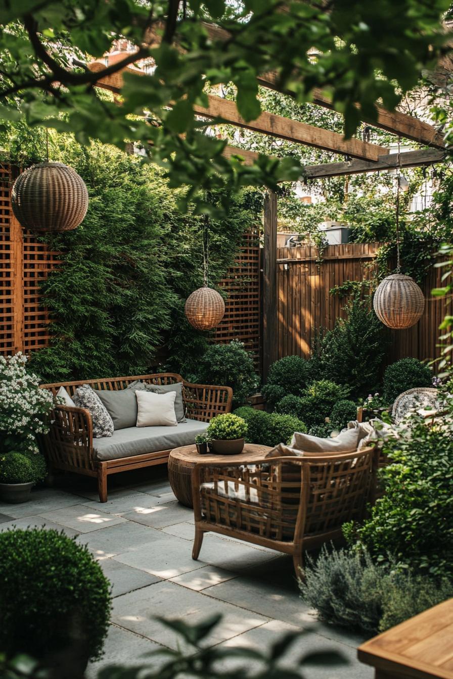 backyard patio garden between modern wooden fences shrubs potted glower wooden furniture trees 1