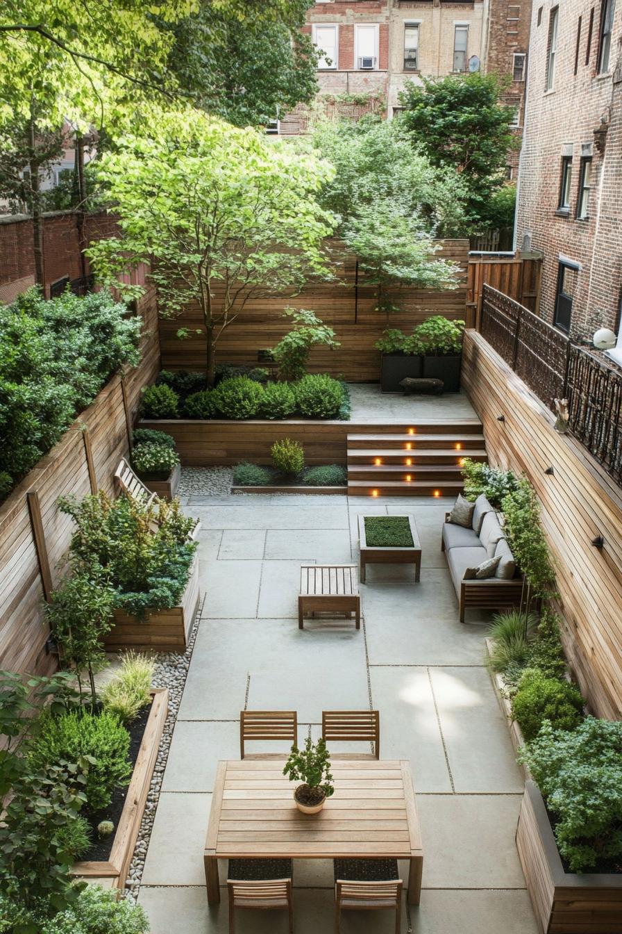 backyard patio garden between modern wooden fences shrubs potted glower wooden furniture trees