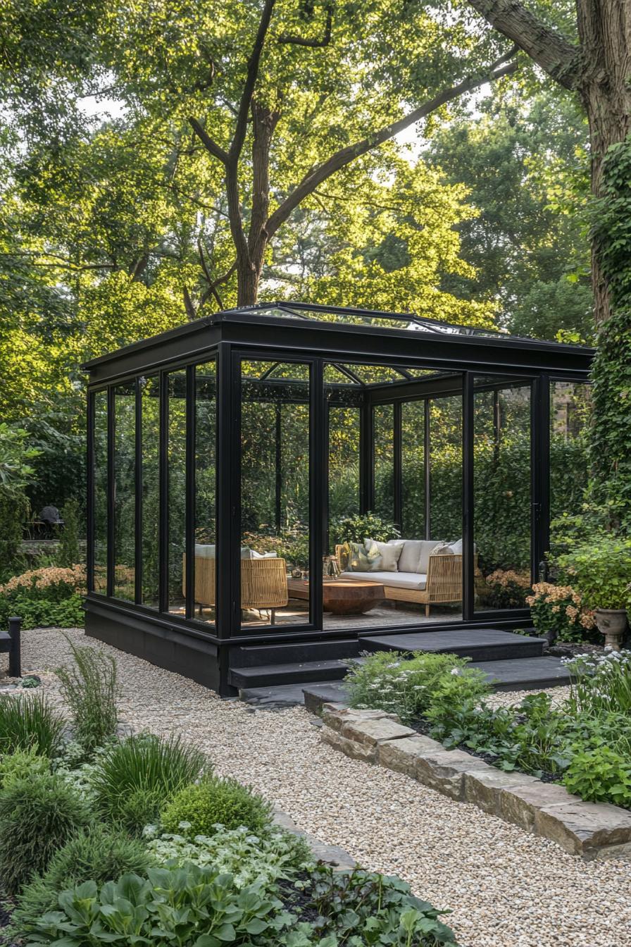 glass garden room with black metal frame lounge furniture inside the outside garden has a pebble paved path and lush trees and bushes stone