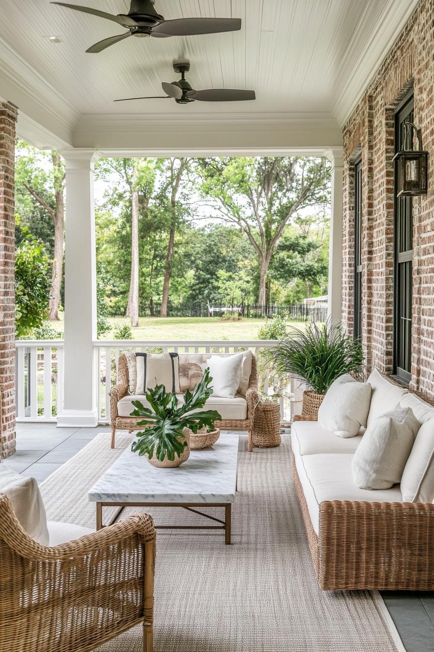 modern brick siding house porch with area rug woven furniture marble top coffee table plants 1