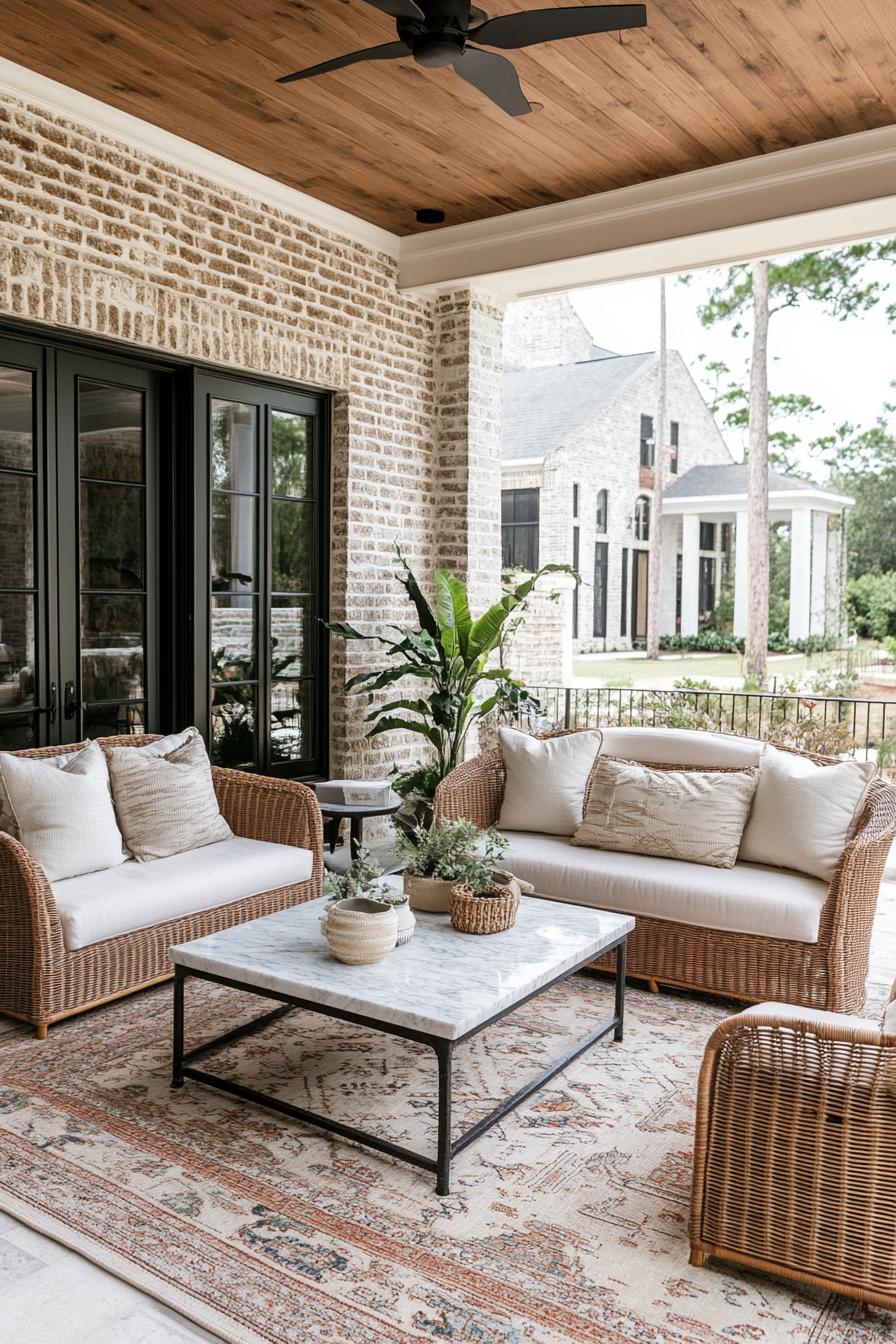 modern brick siding house porch with area rug woven furniture marble top coffee table plants 2