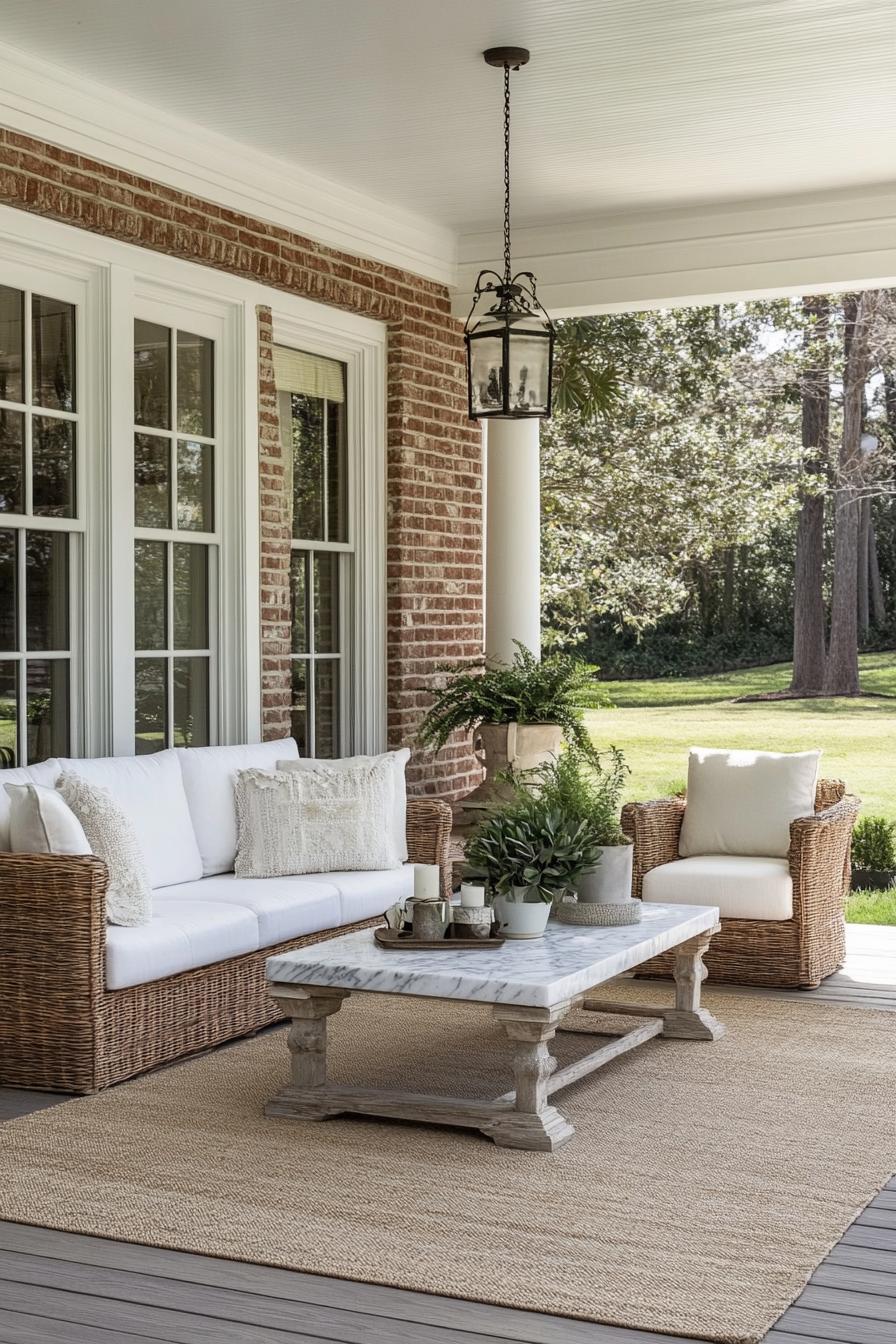 modern brick siding house porch with area rug woven furniture marble top coffee table plants 3