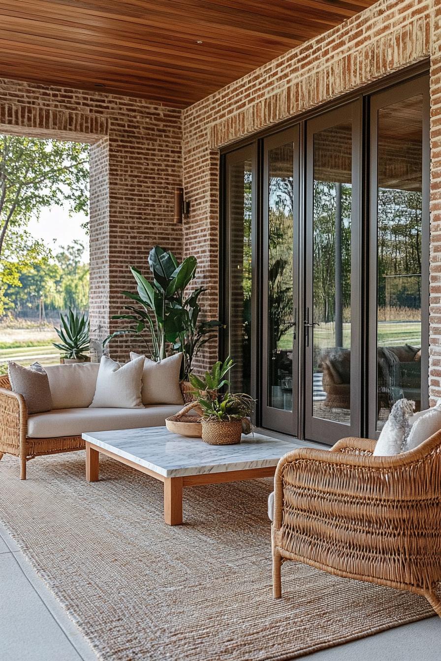 modern brick siding house porch with area rug woven furniture marble top coffee table plants