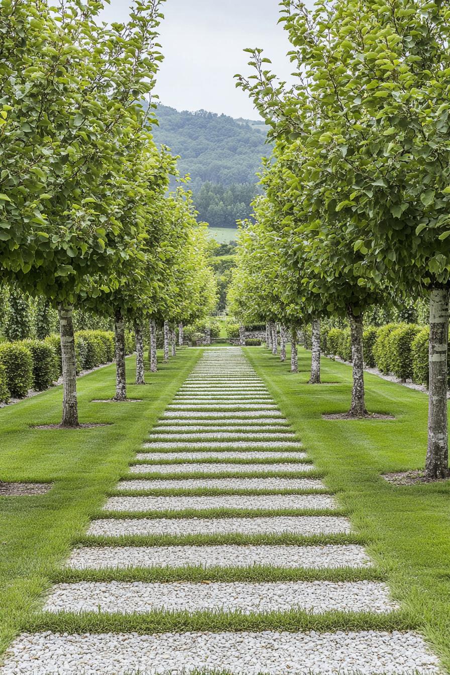 orchard garden with green lawn and geometric lines of white gravel with symmetrically planted trees 1