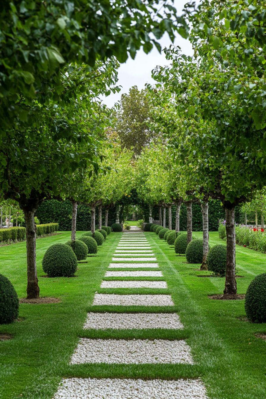 orchard garden with green lawn and geometric lines of white gravel with symmetrically planted trees 2