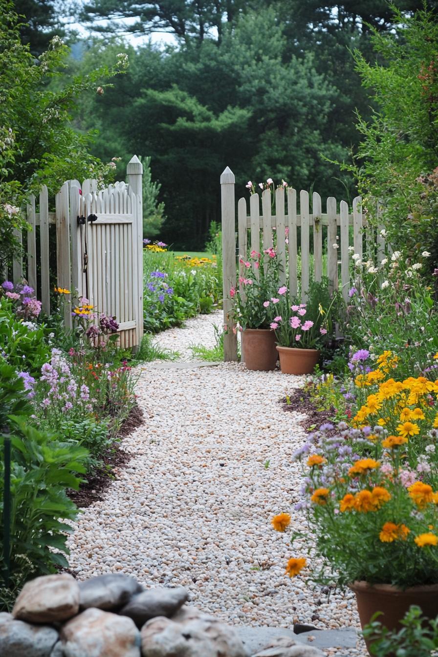 small country garden with pebble path potted flowers native wildflowers modern light cedar picket fence and a gate opening to a larger garden 1