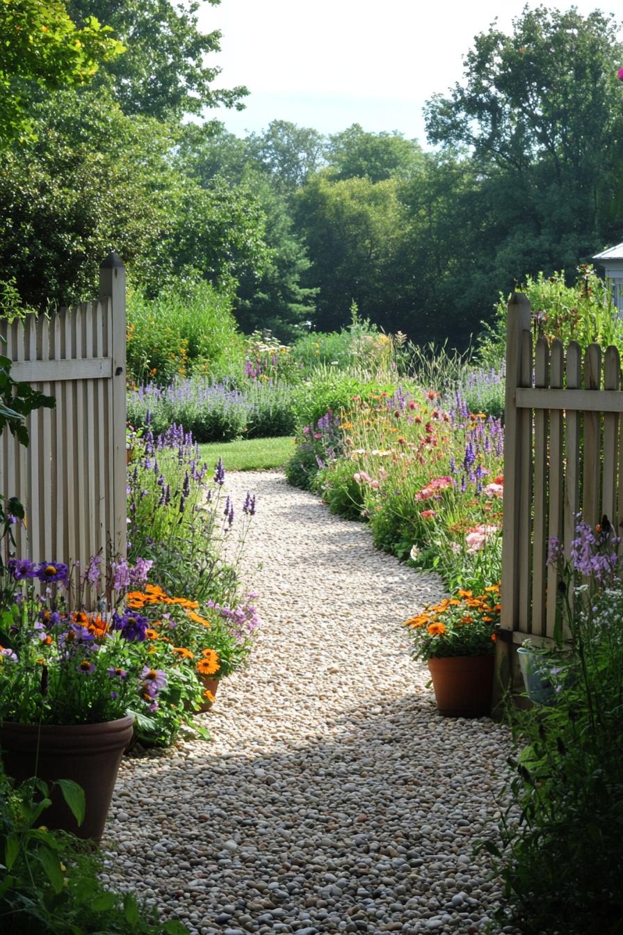 small country garden with pebble path potted flowers native wildflowers modern light cedar picket fence and a gate opening to a larger garden 2