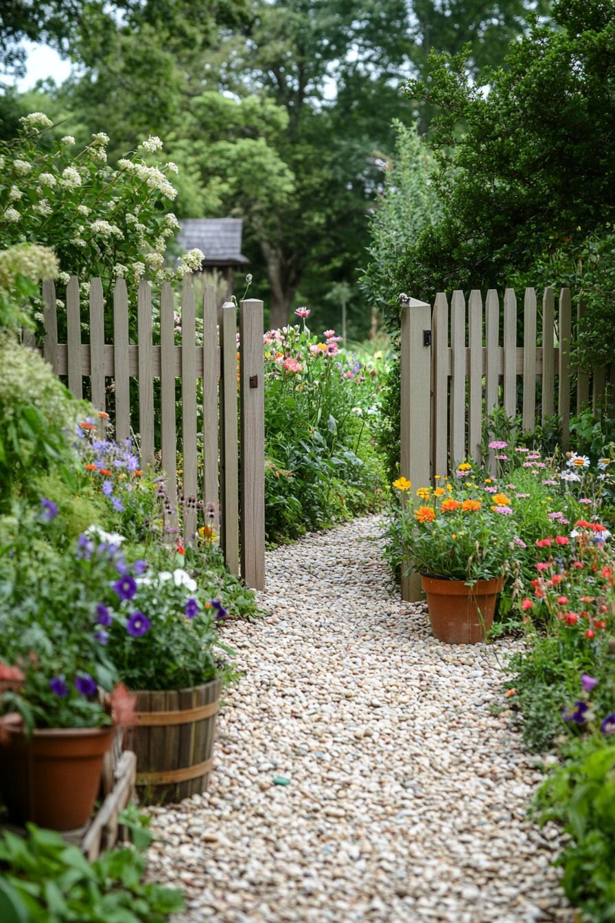 small country garden with pebble path potted flowers native wildflowers modern light cedar picket fence and a gate opening to a larger garden