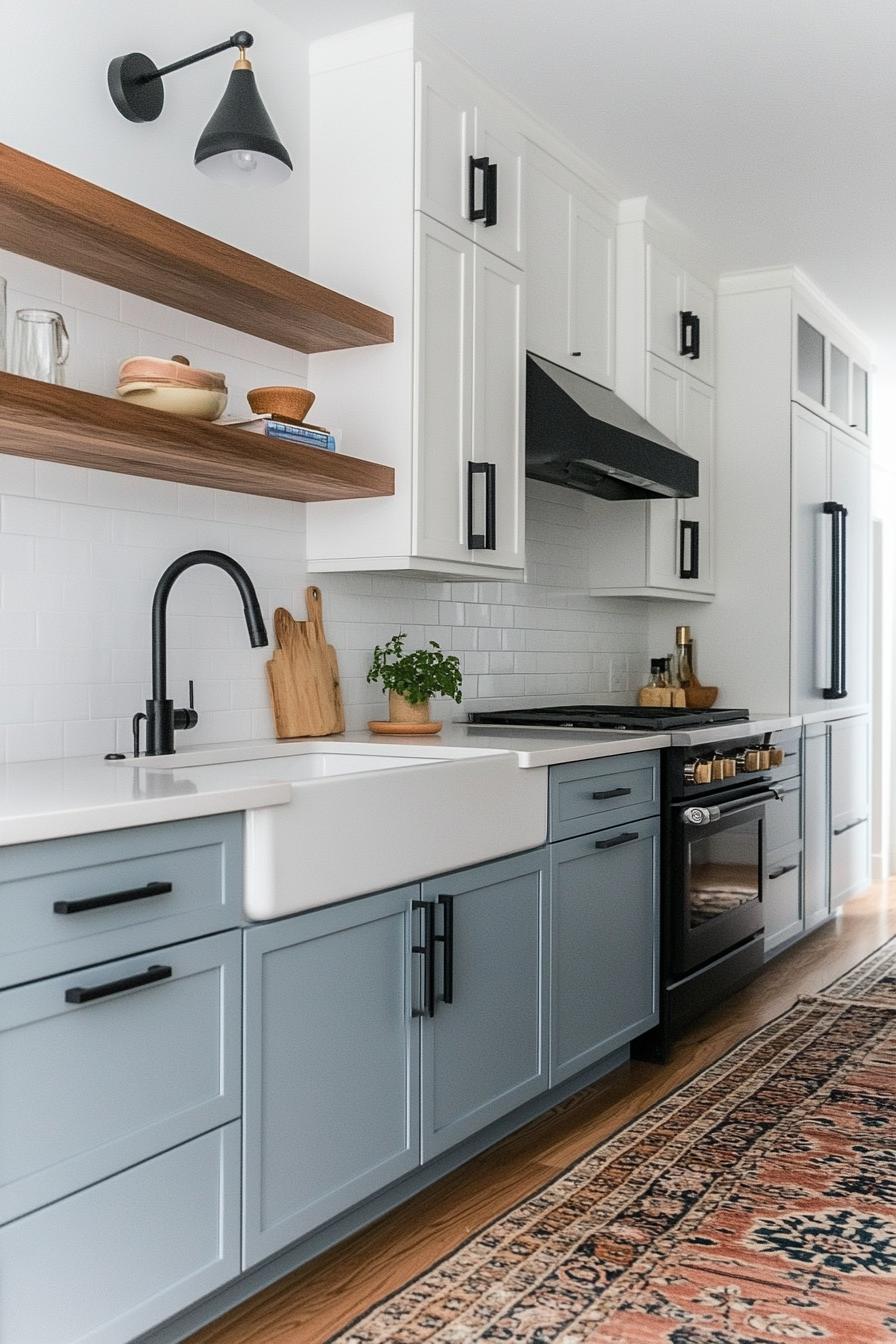 small modern kitchen with pale hazy blue bottom cabinets black hardware white countertop white upper cabinets area rug on hardwood floor matte