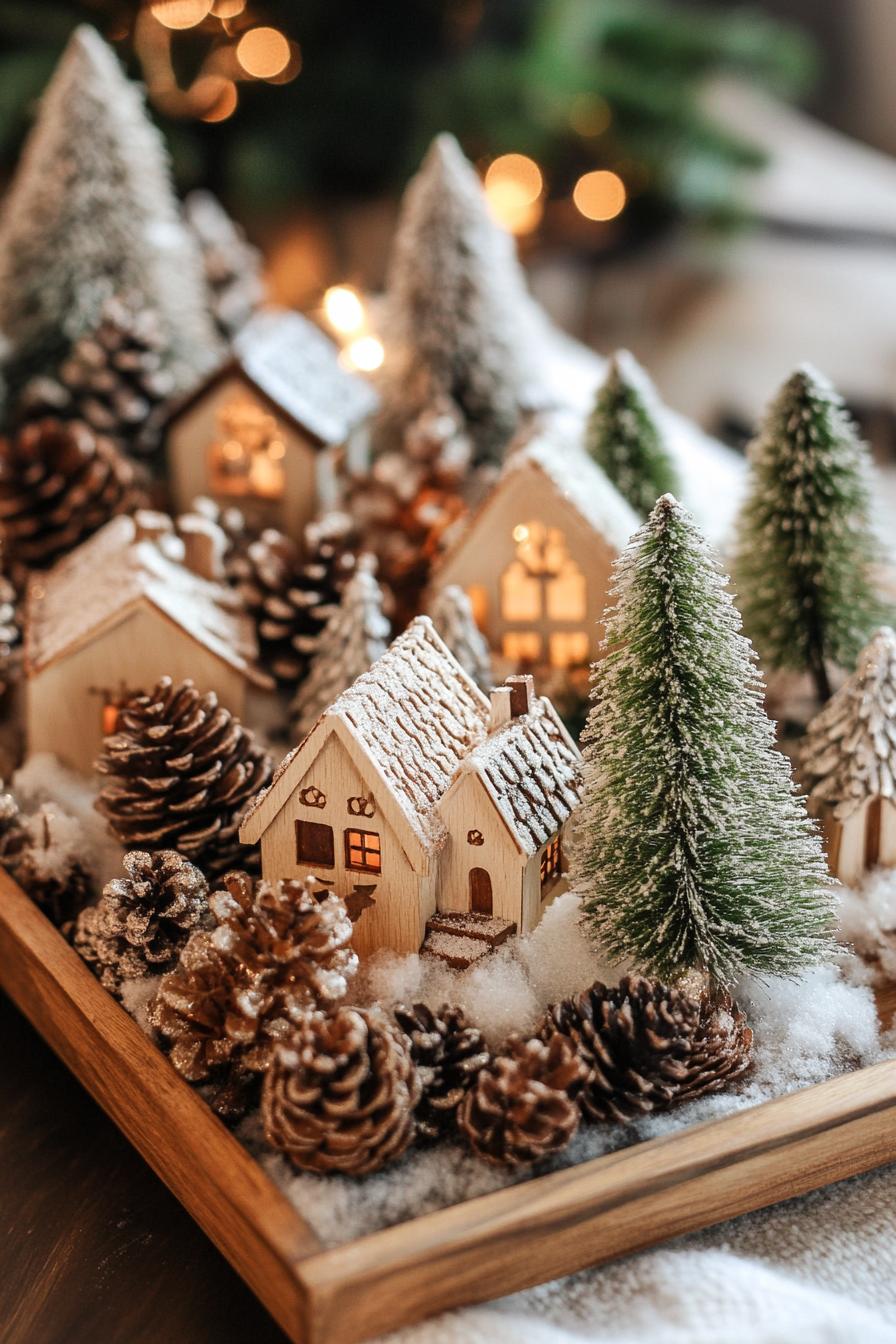 table decor with wooden serving tray filled with tiny Christmas vilalge houses pinecones and tiny fir trees