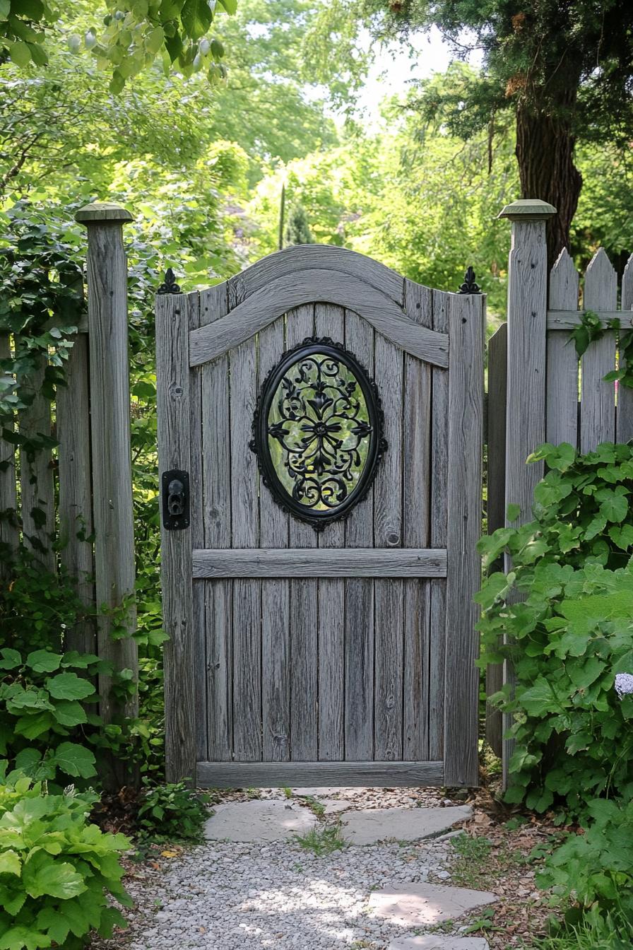 A wooden fence gate with a decorative iron oval in the middle in a grey wood color with hinges v 6.1