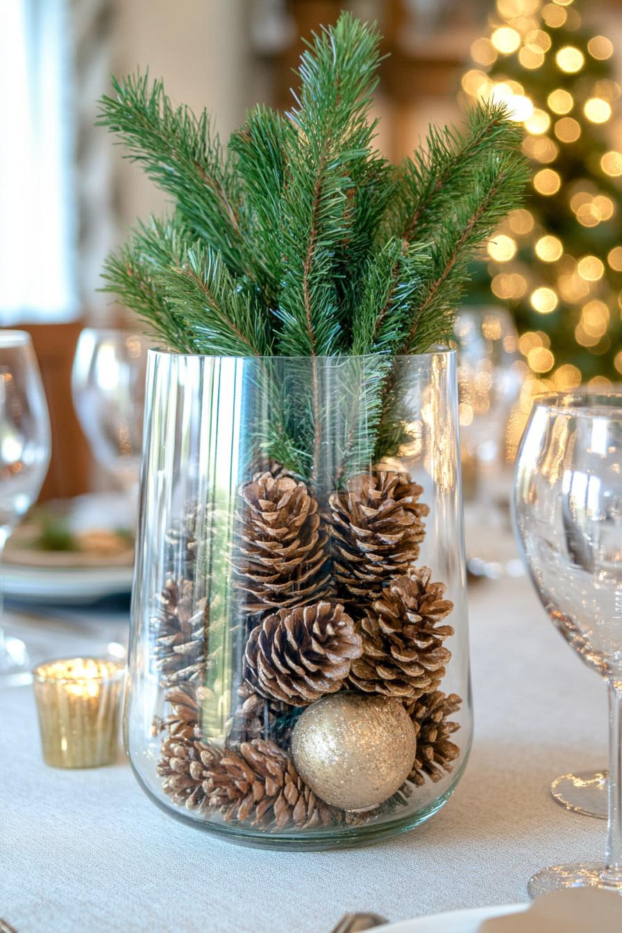 Christmas table decor large glass vase filled with pinecones and fir tree branches 1