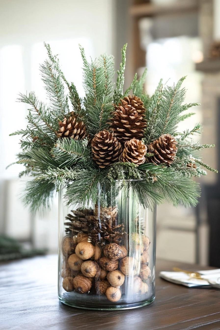 Christmas table decor large glass vase filled with pinecones and fir tree branches