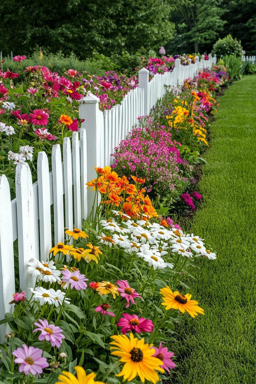 country garden with white picket fence green lawn and lush multi color flowers and native wildflowers lining the fence