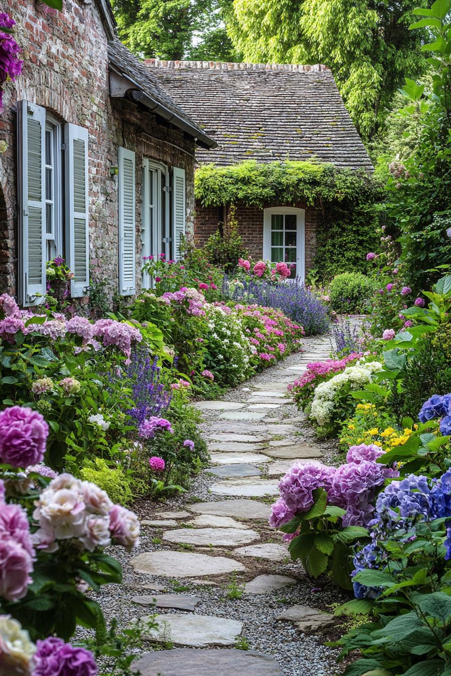 lush garden by a modoern brick cottage with shutter windows the garden has hydrangeas peonies lavenders roses colorful flowers narrow stone 1