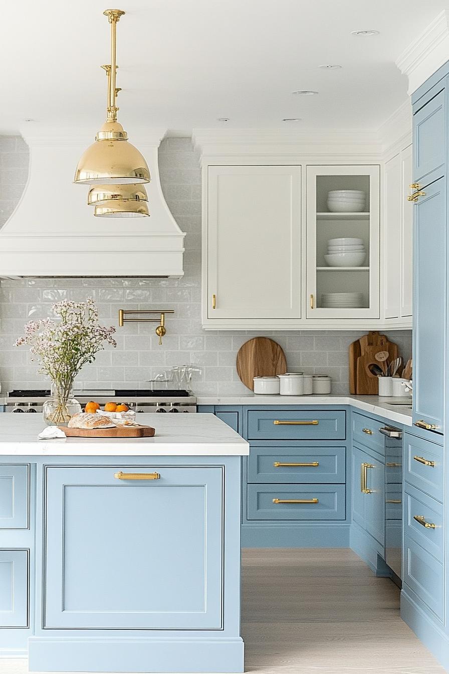 modern kitchen with light blue bottom cabinets white open upper cabinets gilded hardware lamp pendants kitchen island