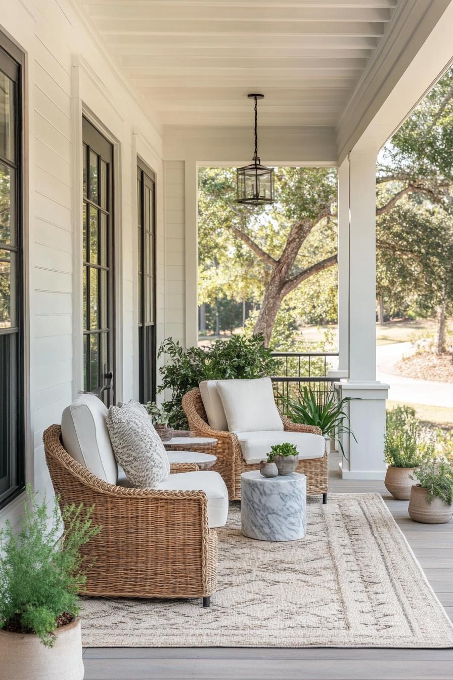 modern shiplap siding house porch with area rug woven furniture small marble top side table plants 1