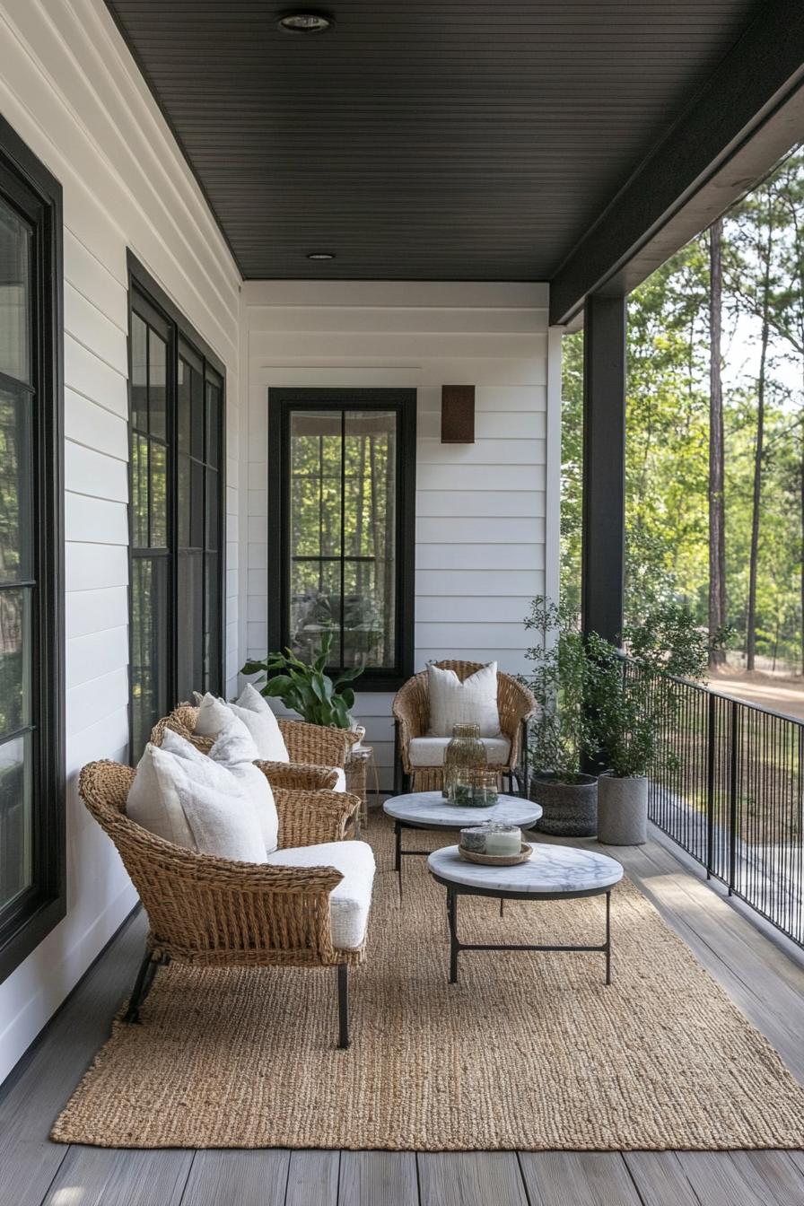 modern shiplap siding house porch with area rug woven furniture small marble top side table plants 2