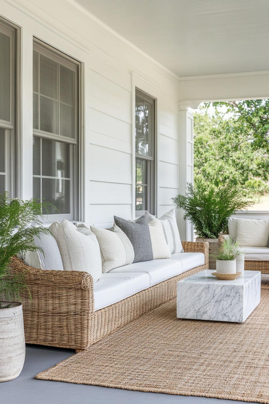 modern shiplap siding house porch with area rug woven furniture small marble top side table plants