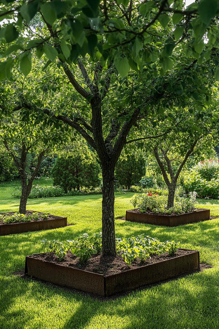 orchard garden with green lawn with square patches of mulch with trees and low growing perennials at trunk base of the trees 1