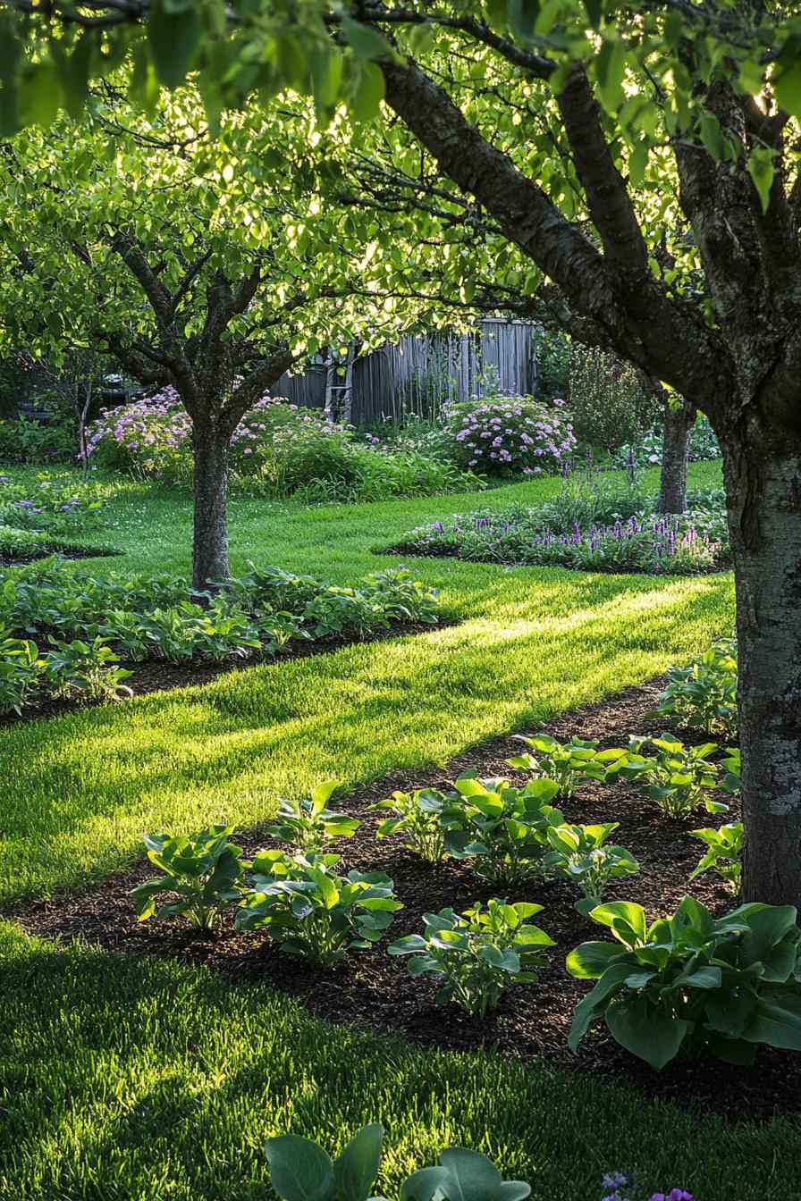 orchard garden with green lawn with square patches of mulch with trees and low growing perennials at trunk base of the trees