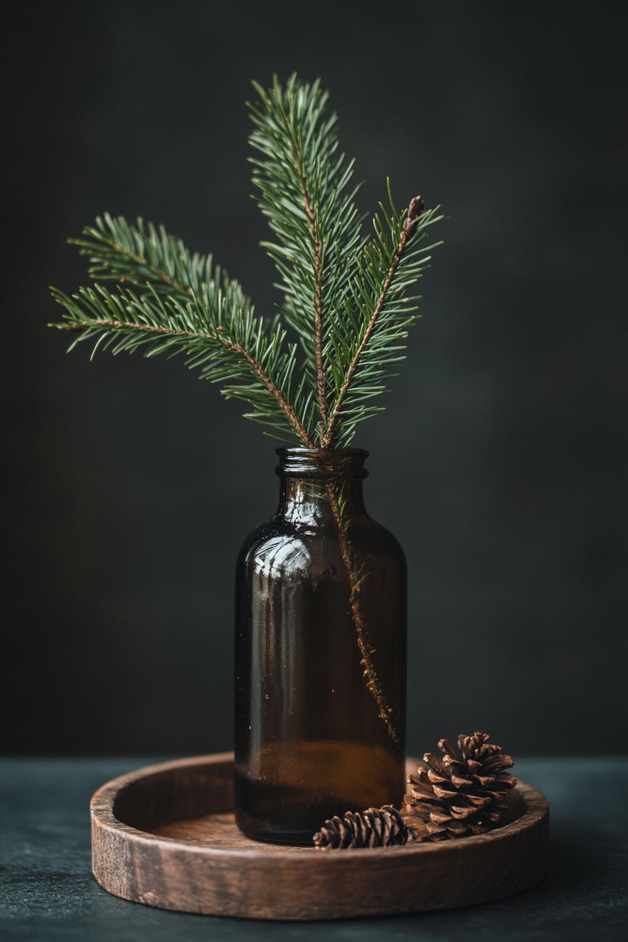 fir tree branch in a dark glass bottle it is in a wooden tray with pinecones