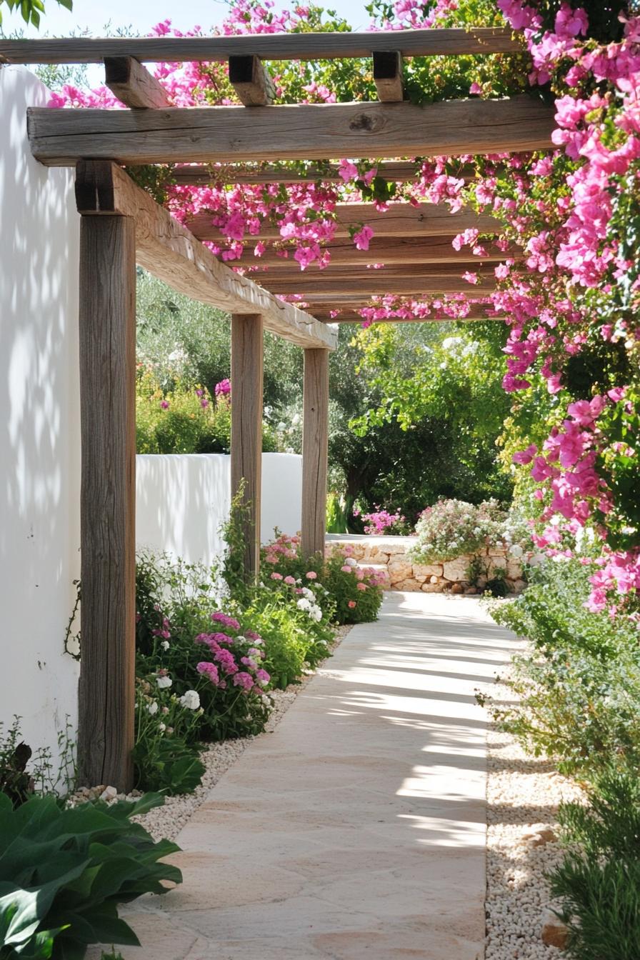 mediterranean garden with flowers white wall wooden pergola bougainvilleas 1