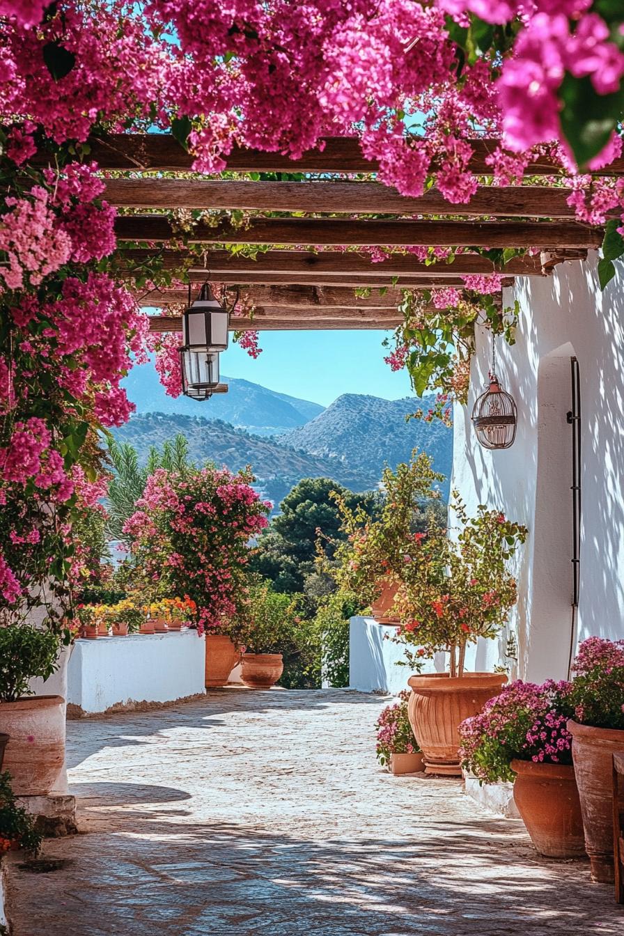 mediterranean garden with flowers white wall wooden pergola bougainvilleas 2