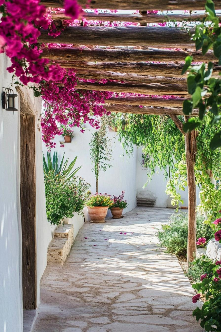 mediterranean garden with flowers white wall wooden pergola bougainvilleas 3