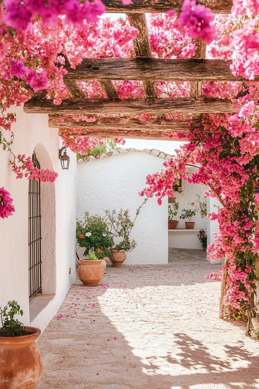 mediterranean garden with flowers white wall wooden pergola bougainvilleas