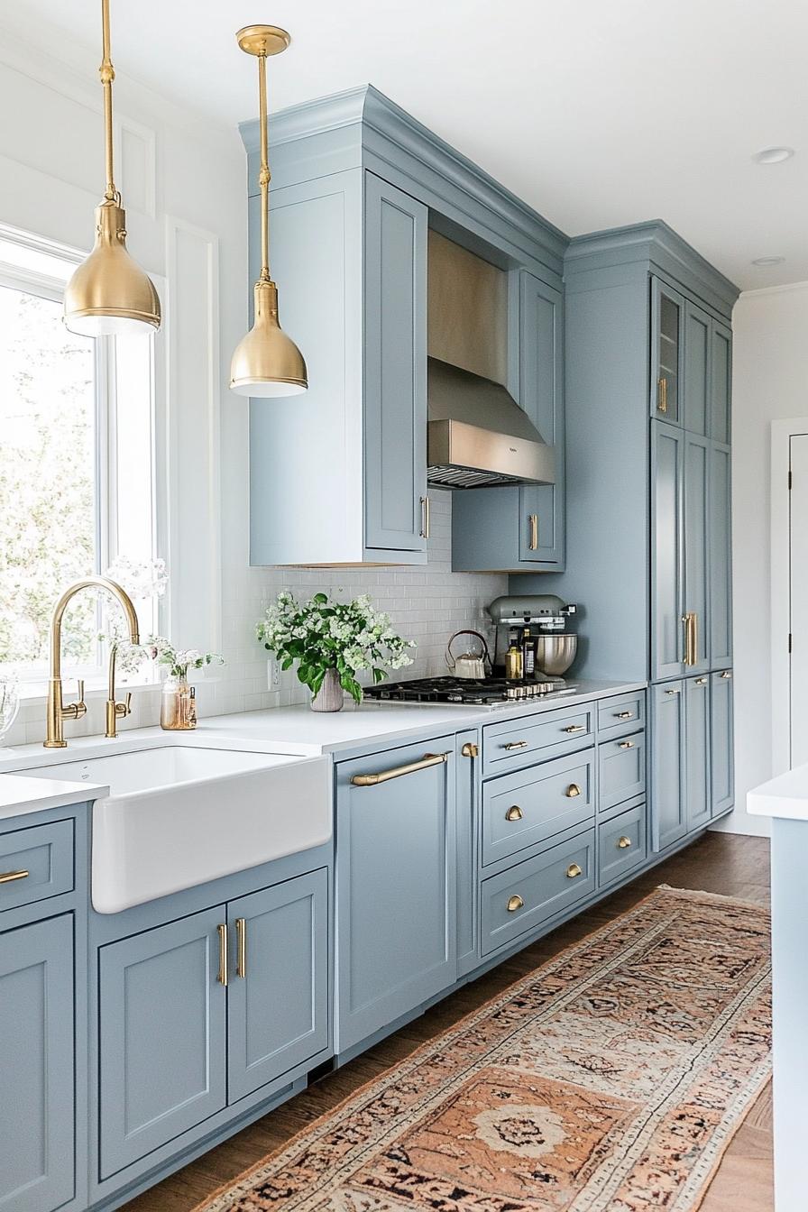 modern kitchen with light blue cabinets white apron sink hardwood floor with runner rug white countertops gilded hardware pendant lights