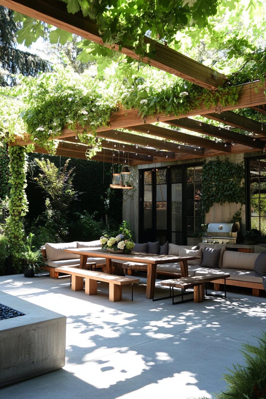 patio with pergola with vines wooden modern furniture dining are concrete gas firepit 1