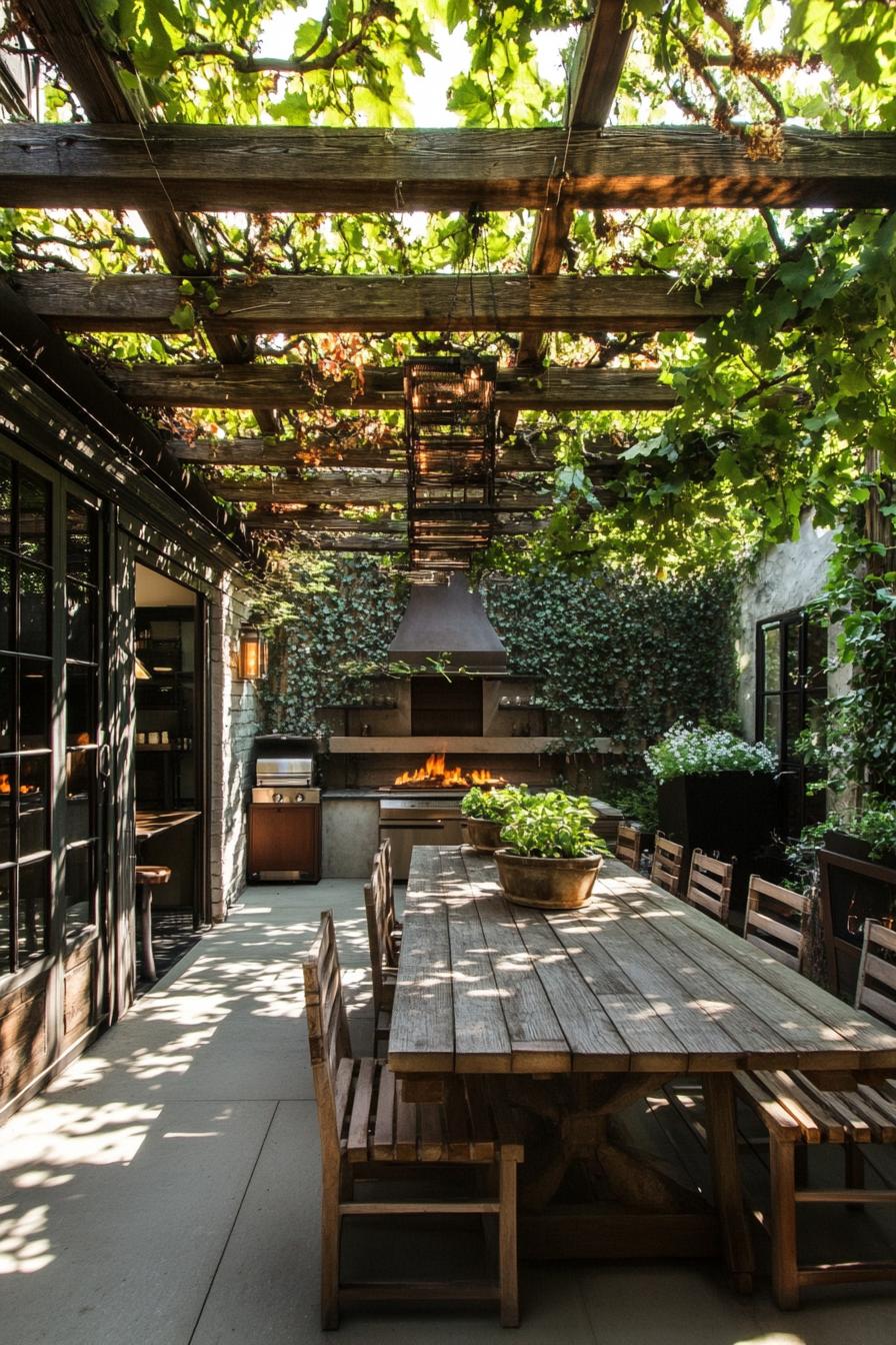 patio with pergola with vines wooden modern furniture dining are concrete gas firepit