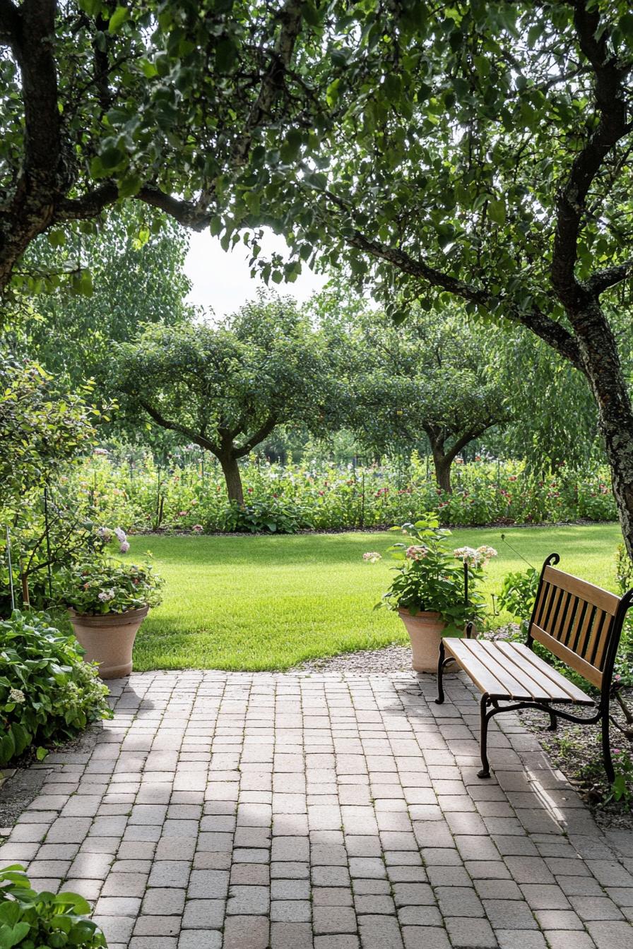 paved patio with a garden bench overlooking a tree orchard garden on a green lawn 1