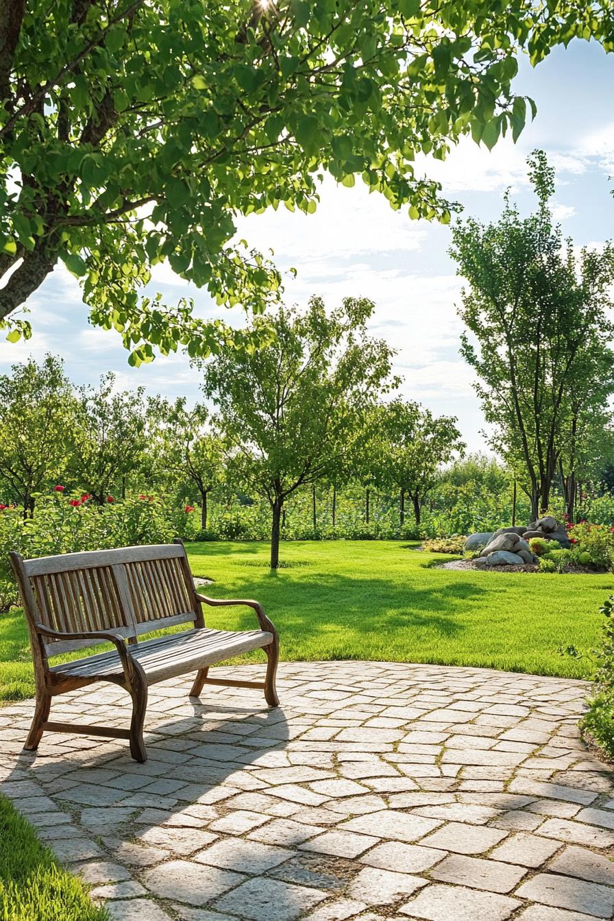 paved patio with a garden bench overlooking a tree orchard garden on a green lawn