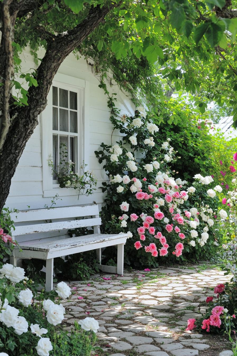 small country garden by a white cottage house the garden is paved with stone there are lush white and pink rose bushes a white weathered bench 1