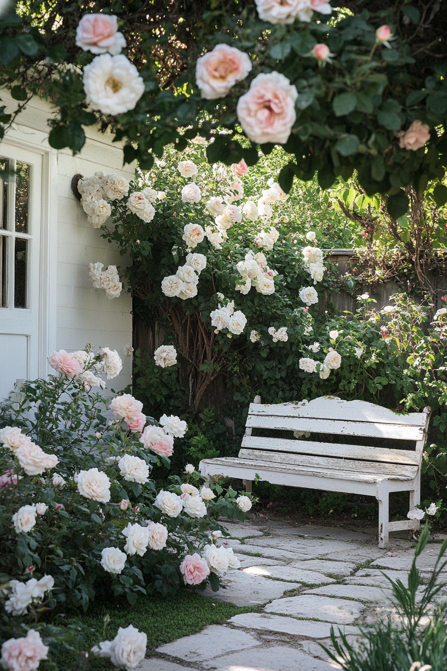 small country garden by a white cottage house the garden is paved with stone there are lush white and pink rose bushes a white weathered bench 2