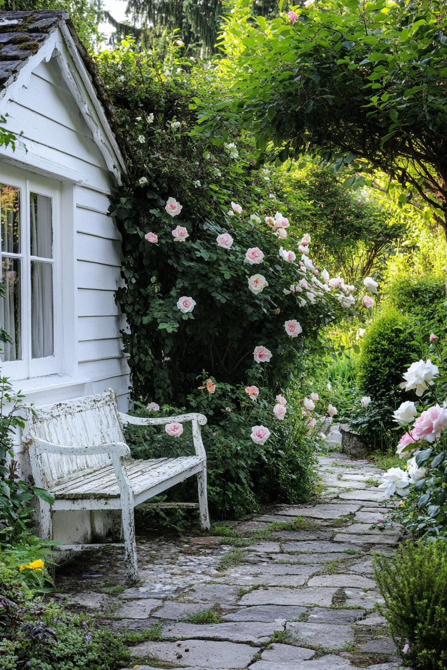 small country garden by a white cottage house the garden is paved with stone there are lush white and pink rose bushes a white weathered bench